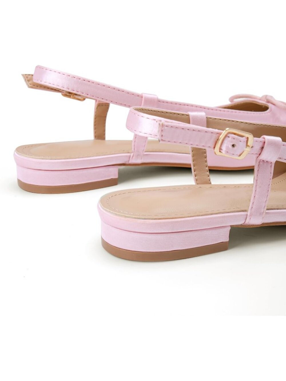 Women's Pink Slingback Square Toe Bow Knit Ankle Buckle Satin Ballet Flats - Picture 5 of 7